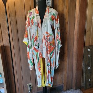 Vintage 1940s Genuine Silk Children's Floral Kimono Long Hanging Sleeves